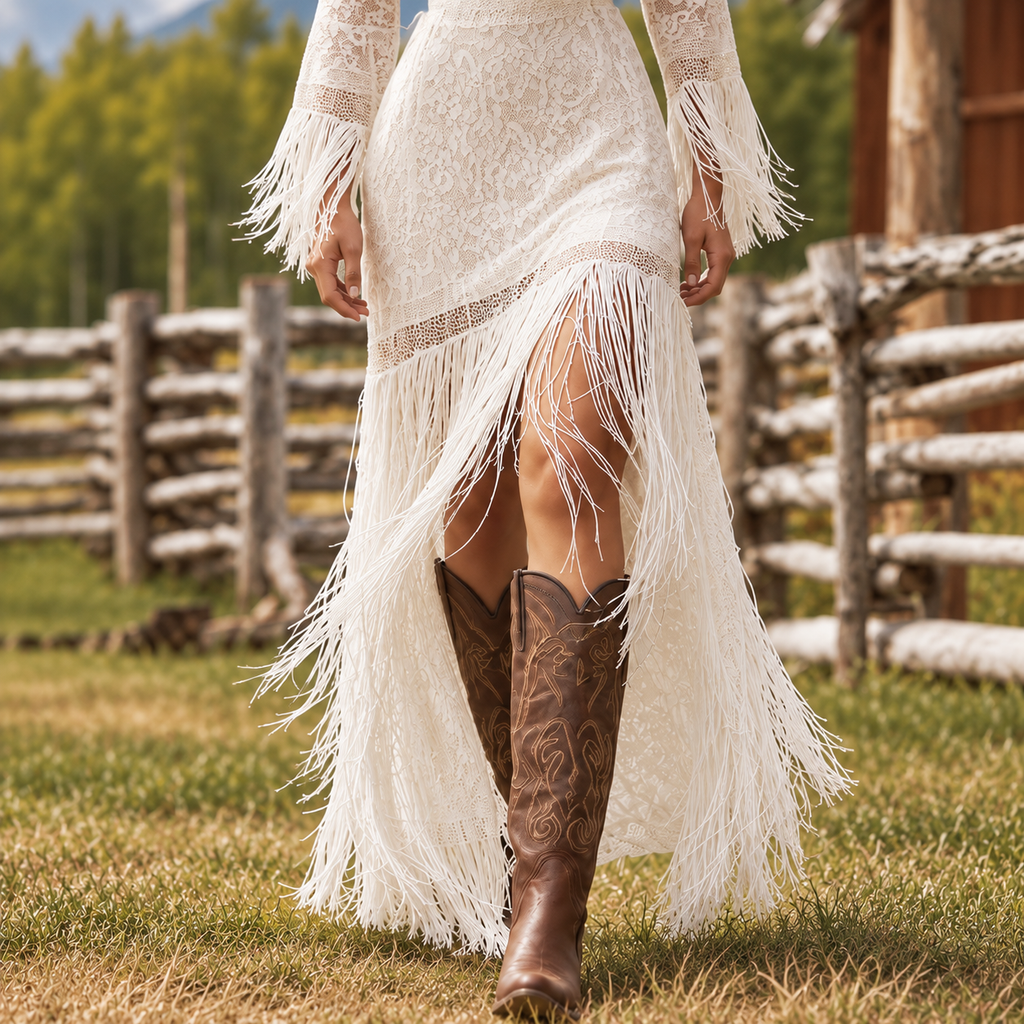 Vestido Largo Blanco Mujer Encaje Boho con Flecos - Vestido Invitada Boda Cuello V Otoño
