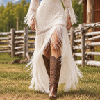 Vestido Largo Blanco Mujer Encaje Boho con Flecos - Vestido Invitada Boda Cuello V Otoño