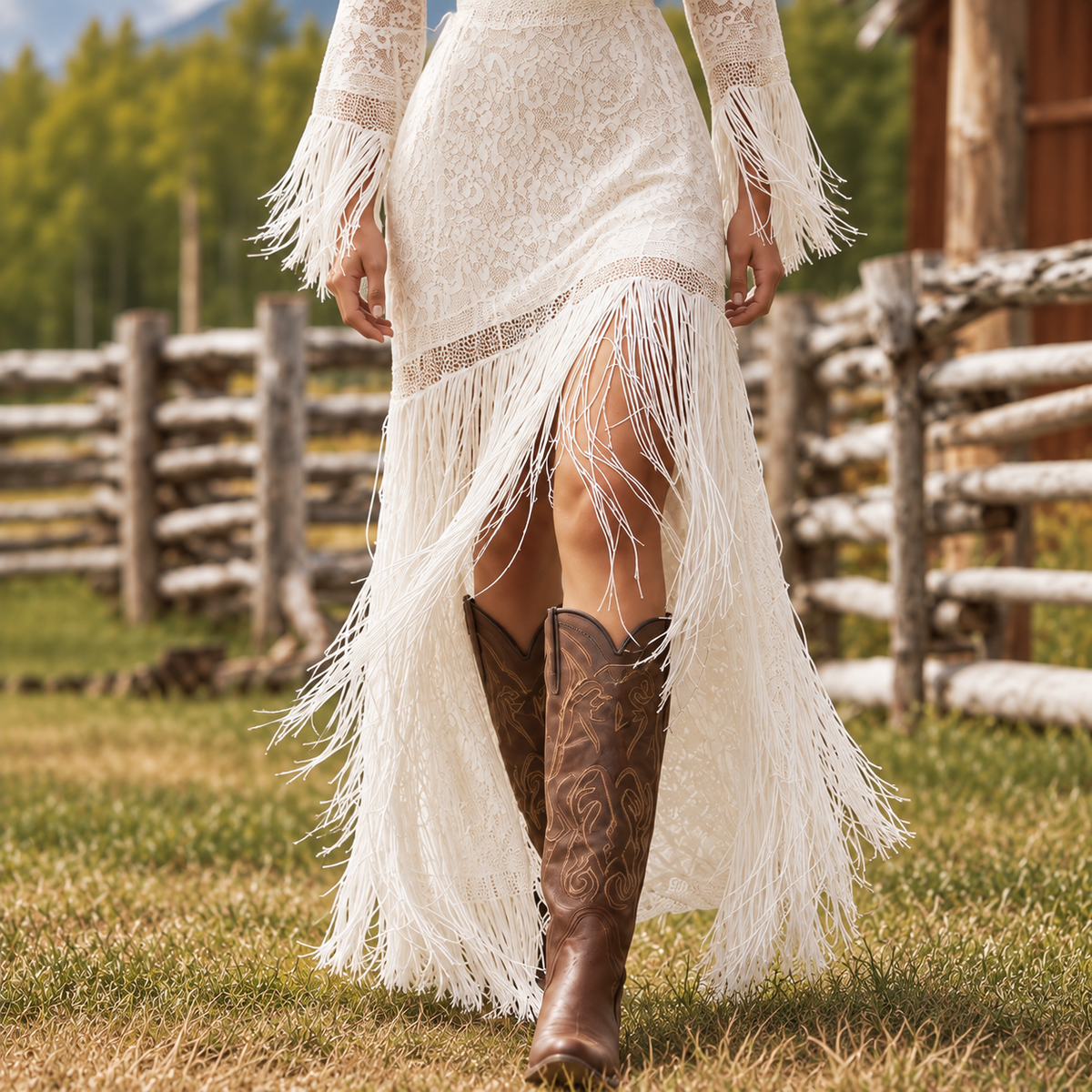 Vestido Largo Blanco Mujer Encaje Boho con Flecos - Vestido Invitada Boda Cuello V Otoño