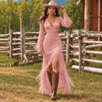 Vestido Largo Blanco Mujer Encaje Boho con Flecos - Vestido Invitada Boda Cuello V Otoño