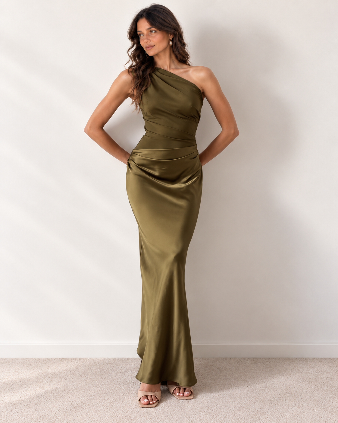 Vestido Largo Un Hombro Satén Fruncido Lateral para Mujer