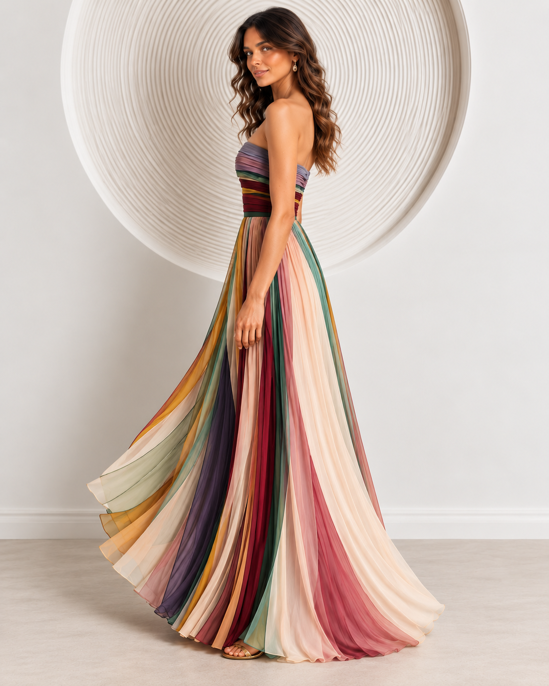 Vestido Largo Palabra de Honor Plisado Estampado Mujer