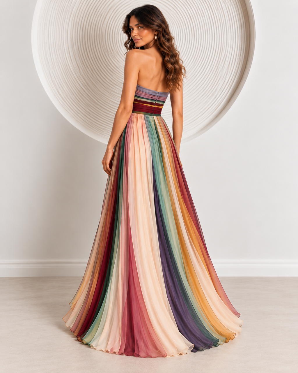 Vestido Largo Palabra de Honor Plisado Estampado Mujer