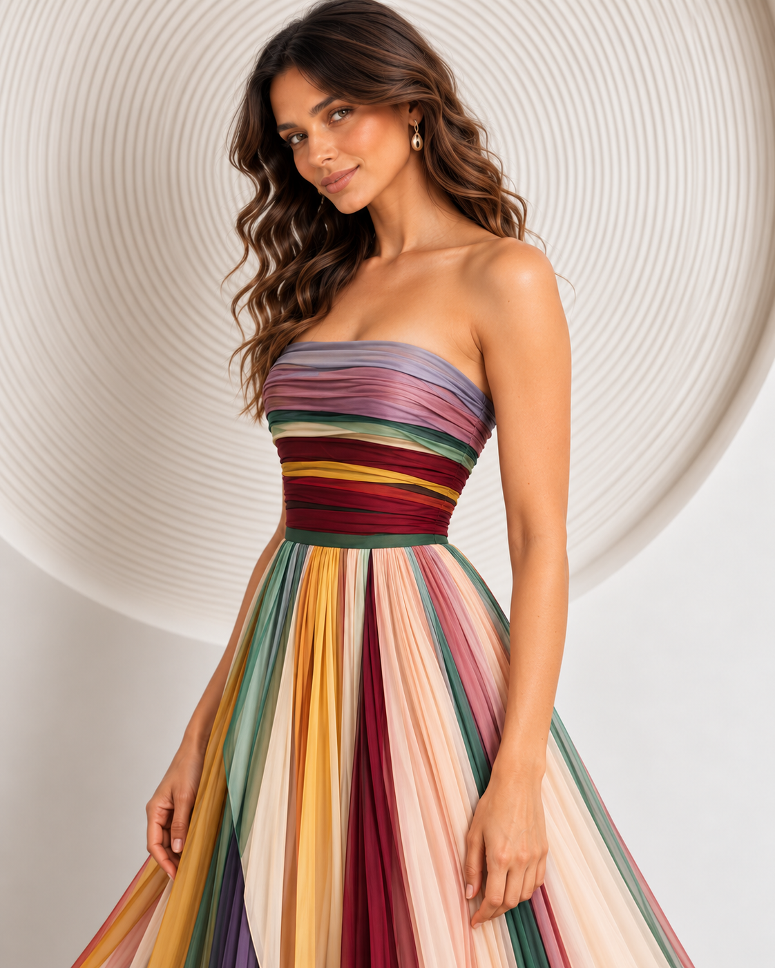 Vestido Largo Palabra de Honor Plisado Estampado Mujer