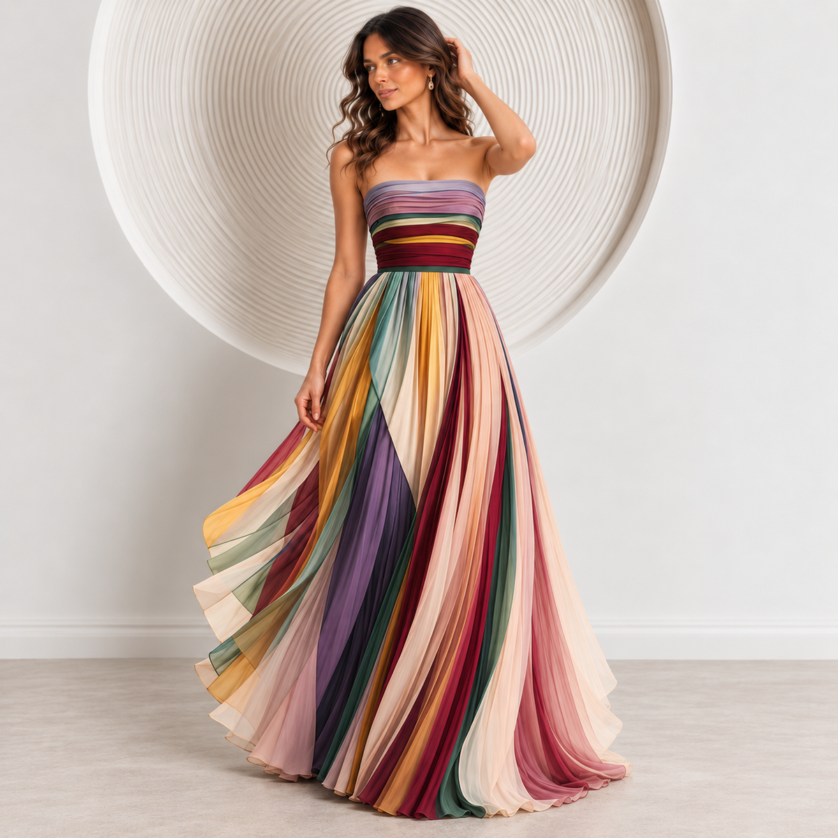 Vestido Largo Palabra de Honor Plisado Estampado Mujer