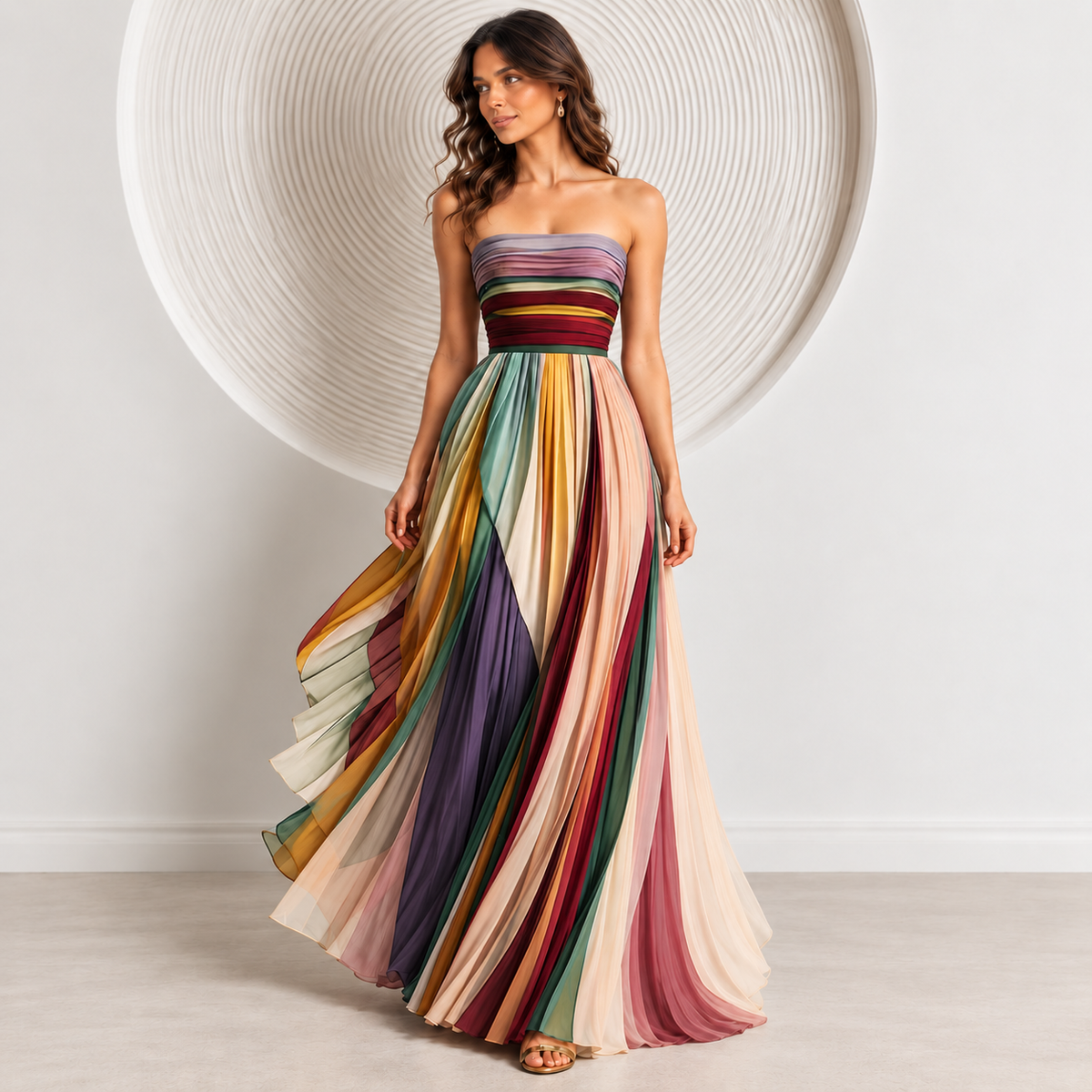 Vestido Largo Palabra de Honor Plisado Estampado Mujer