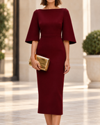 Vestido Midi Entallado con Manga Campana y Cuello Barco Mujer