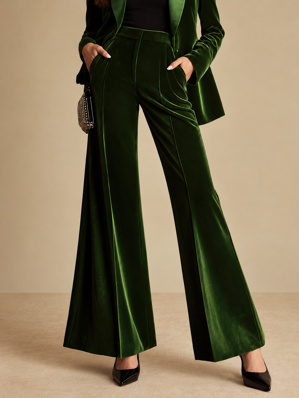 Conjunto Americana y Pantalón Acampanado de Terciopelo Mujer Verde | Esmeralda