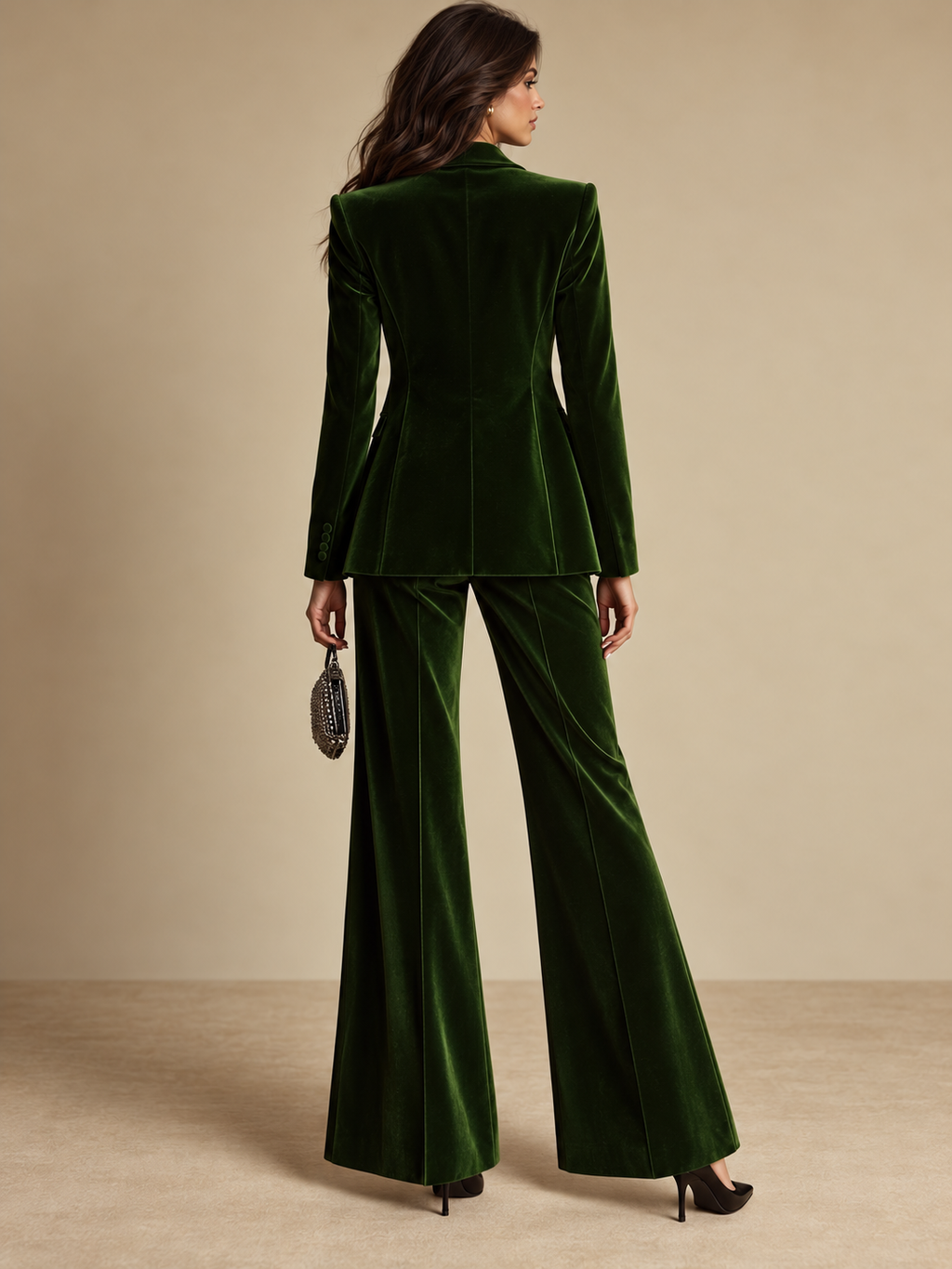 Conjunto Americana y Pantalón Acampanado de Terciopelo Mujer Verde | Esmeralda