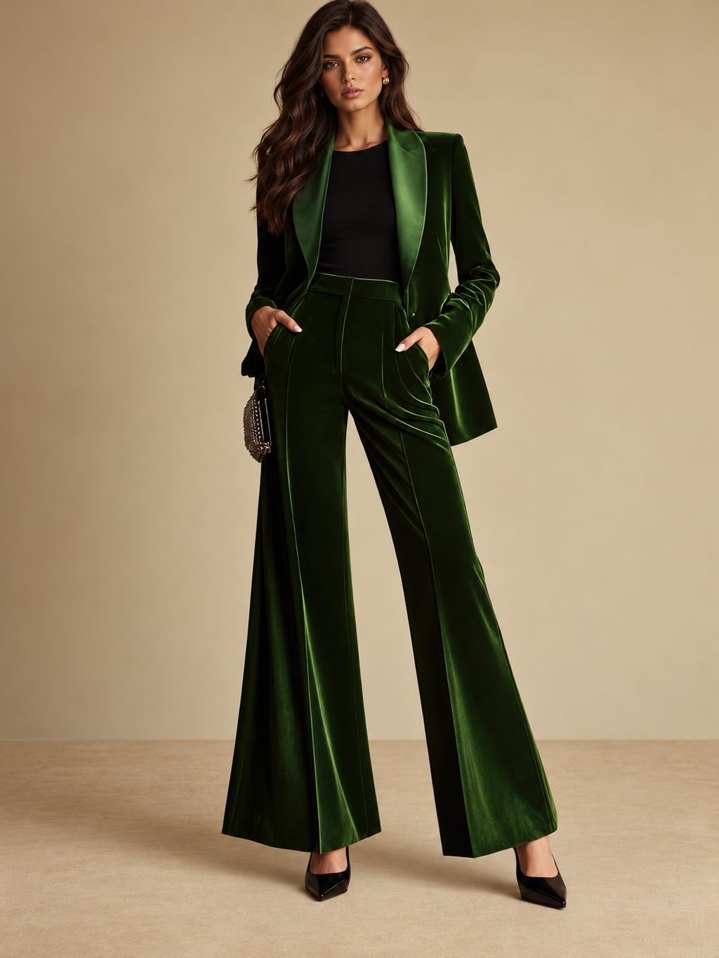 Conjunto Americana y Pantalón Acampanado de Terciopelo Mujer Verde | Esmeralda