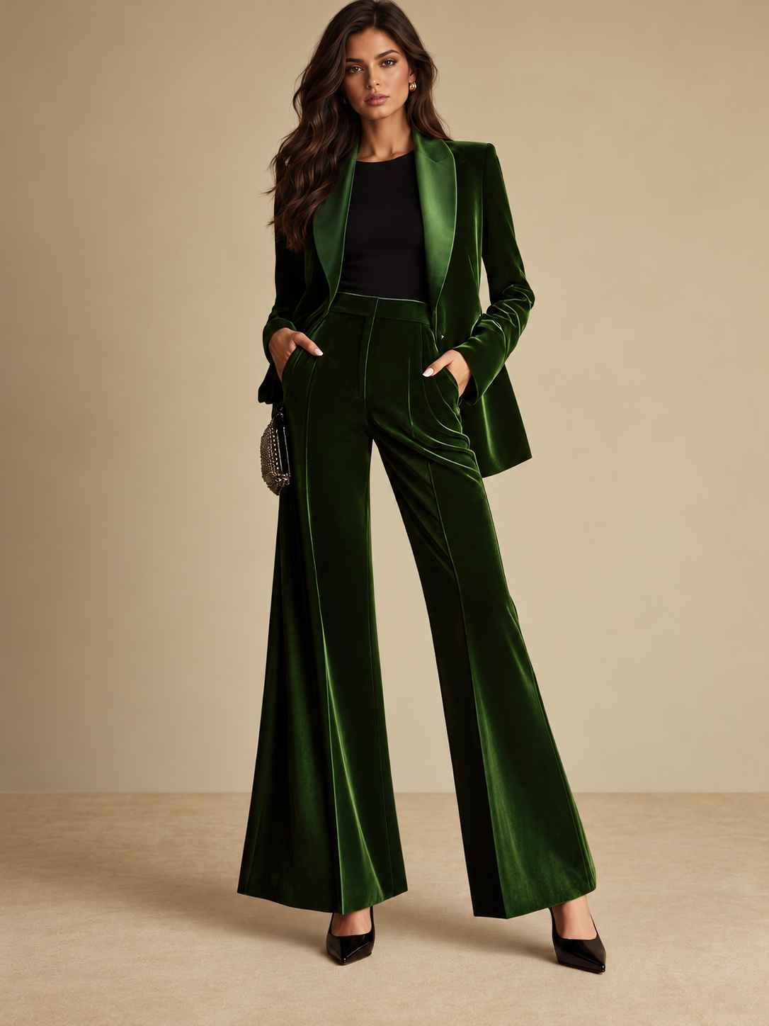 Conjunto Americana y Pantalón Acampanado de Terciopelo Mujer Verde | Esmeralda