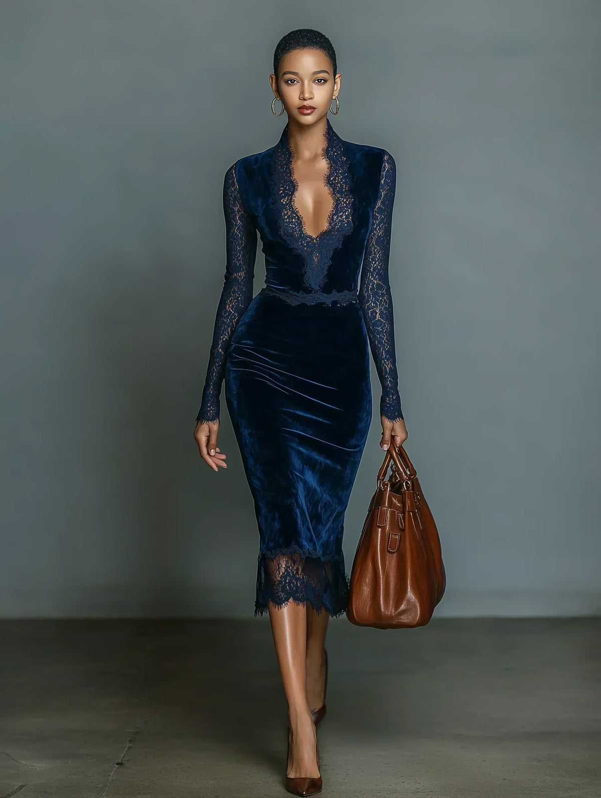 Vestido Midi de Terciopelo Azul Noche con Mangas de Encaje | Adriana