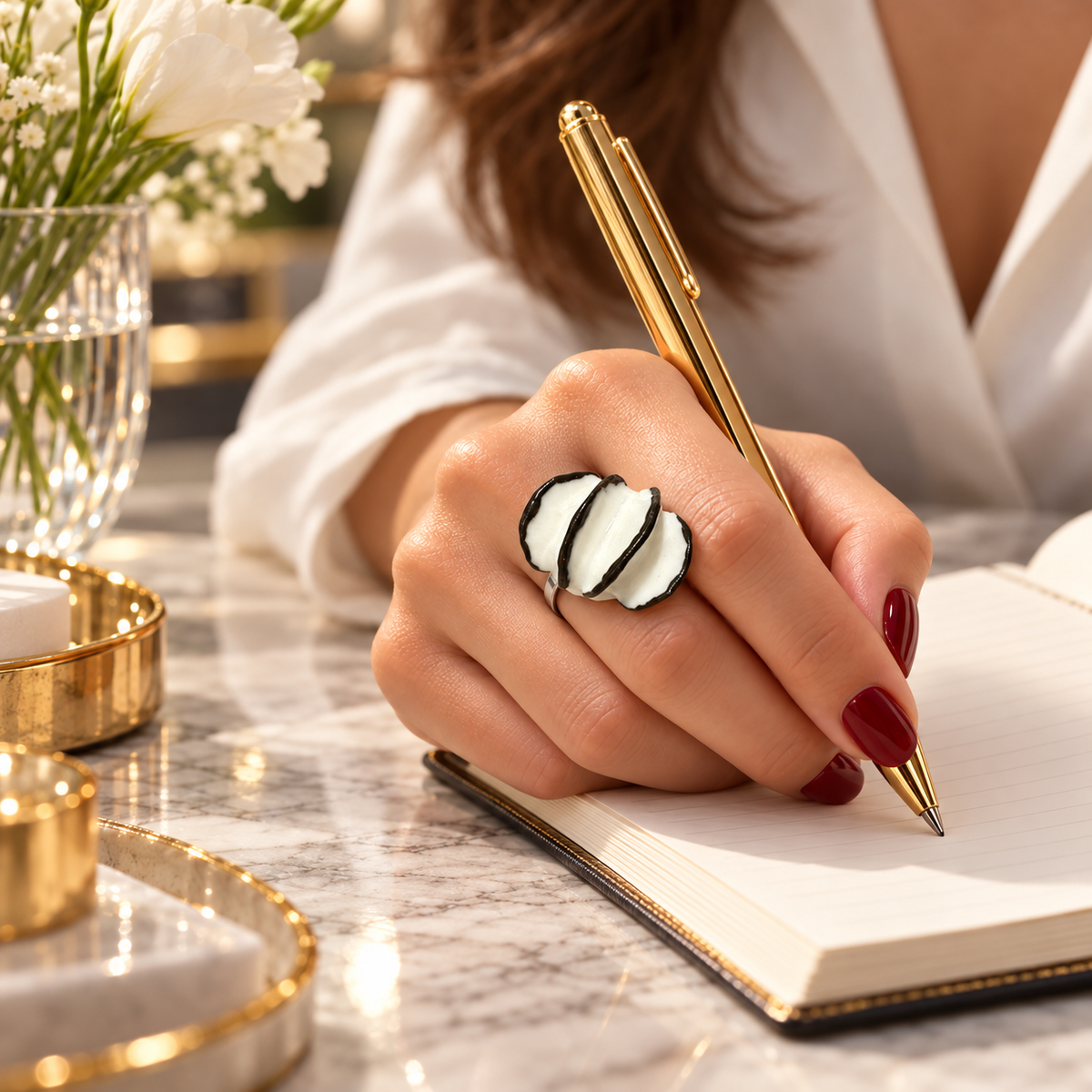 Anillos de cerámica hecho a mano, blanco y negro – Base de acero ajustable, modelo Ondas