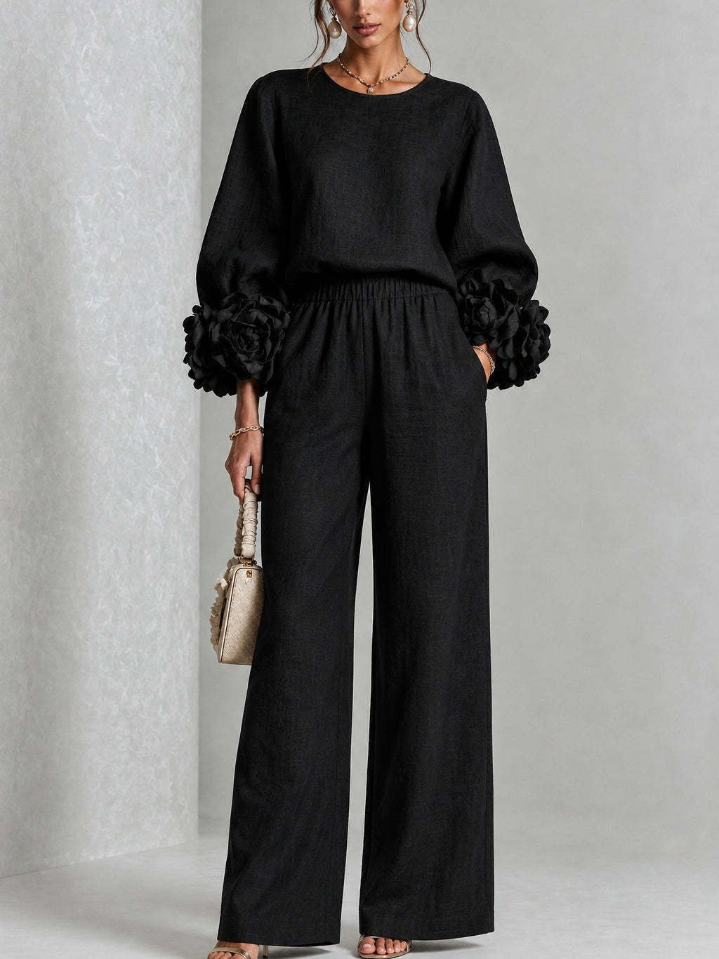 Conjunto Elegante Mujer Blusa Manga Floral y Pantalón Ancho | Kalina