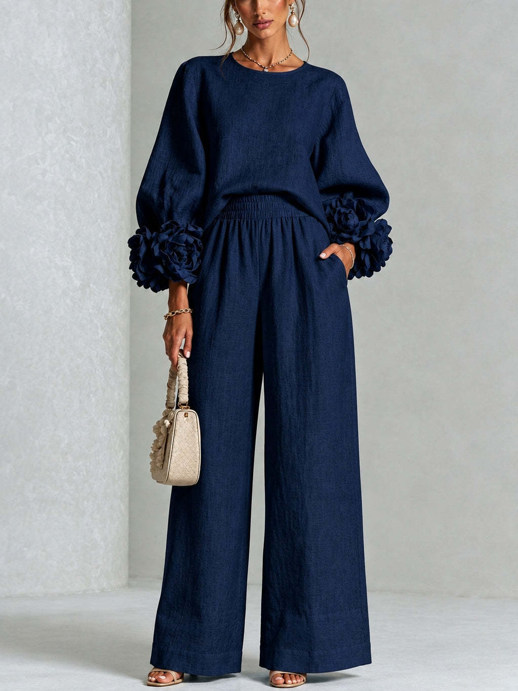 Conjunto Elegante Mujer Blusa Manga Floral y Pantalón Ancho | Kalina