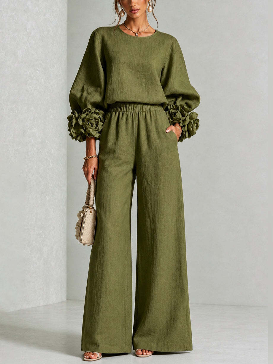 Conjunto Elegante Mujer Blusa Manga Floral y Pantalón Ancho | Kalina
