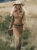 Vestido Midi Western Mujer Ante Sintético con Flecos y Cinturón - Soledad