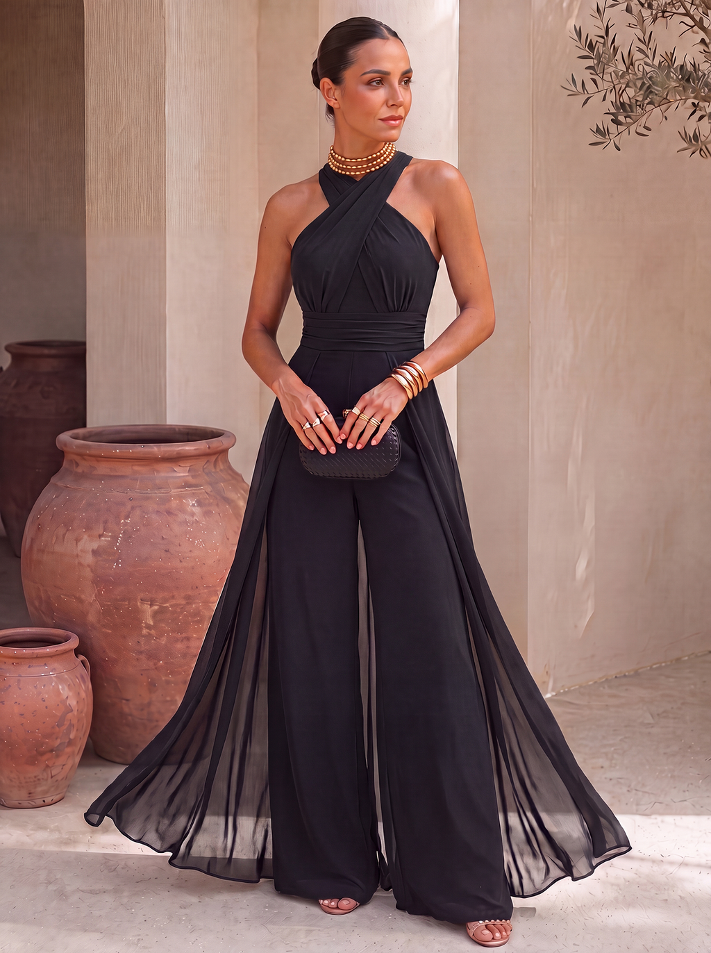 Mono Largo de Gasa con Cuello Halter y Pañuelo | Sofía