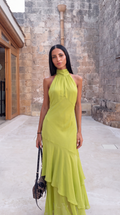 Vestido de Invitada con Cuello Halter y Lazada Verde | Esencia