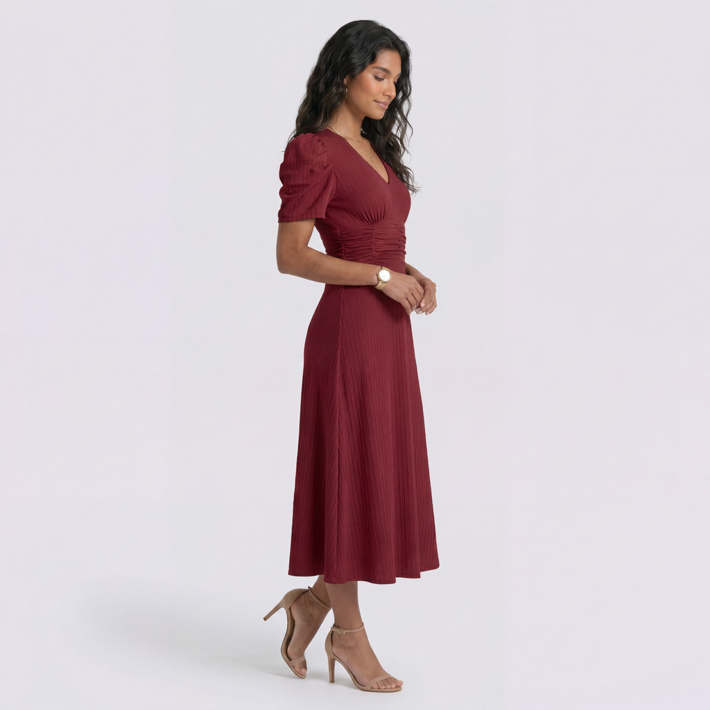 Vestido Midi Elegante Mujer Escote en V con Falda Fruncida | Cintura Alta