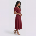 Vestido Midi Elegante Mujer Escote en V con Falda Fruncida | Cintura Alta