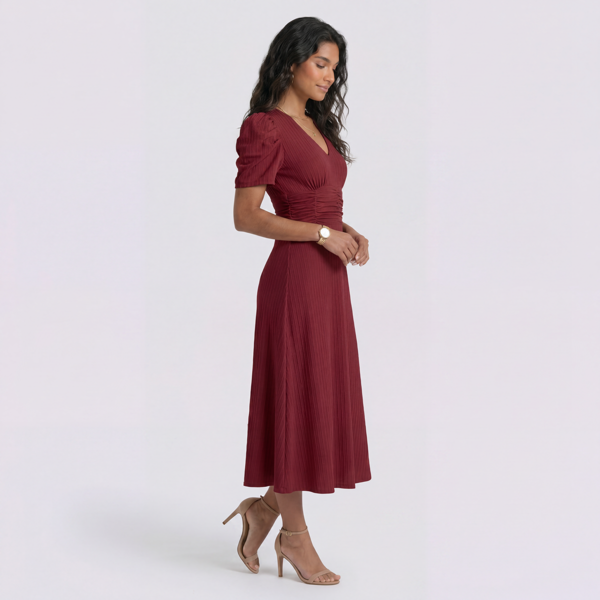Vestido Midi Elegante Mujer Escote en V con Falda Fruncida | Cintura Alta