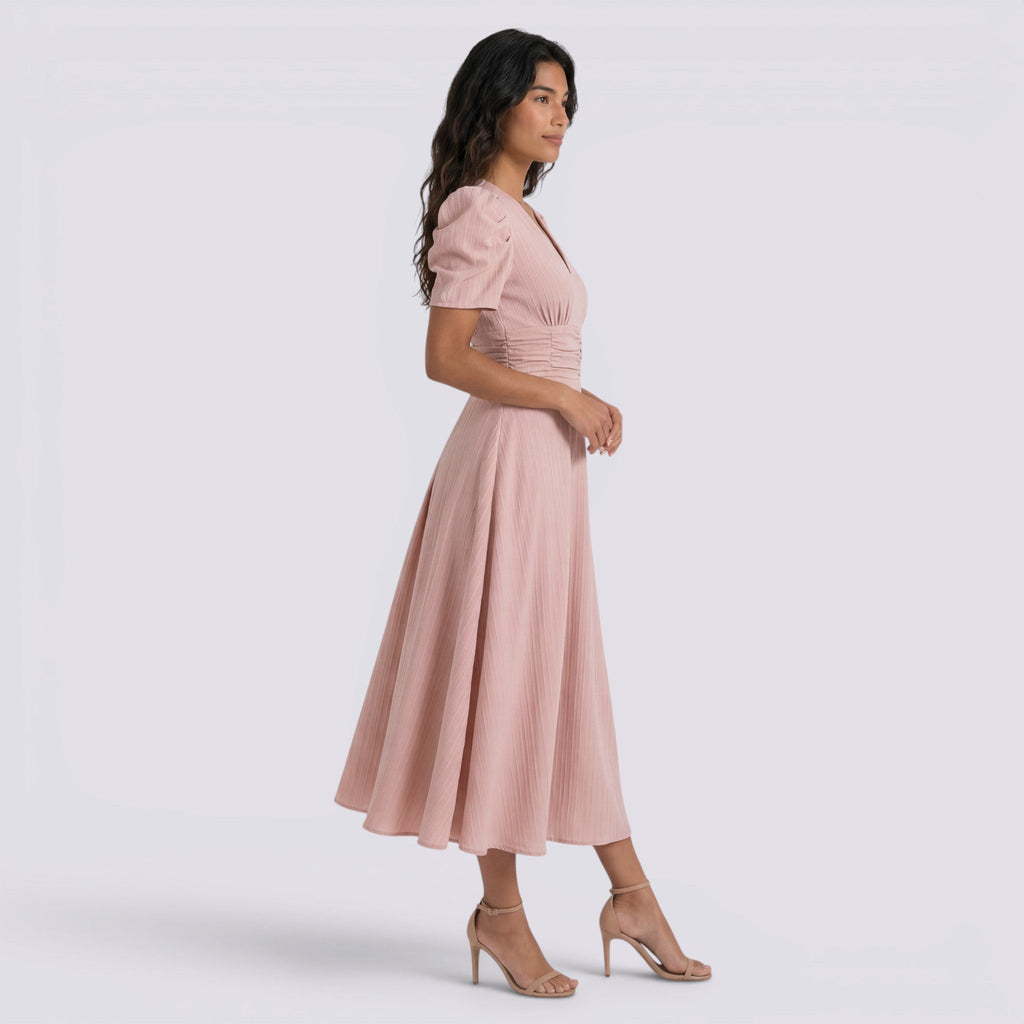 Vestido Midi Elegante Mujer Escote en V con Falda Fruncida | Cintura Alta