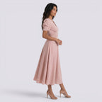 Vestido Midi Elegante Mujer Escote en V con Falda Fruncida | Cintura Alta