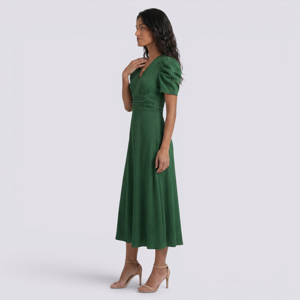 Vestido Midi Elegante Mujer Escote en V con Falda Fruncida | Cintura Alta