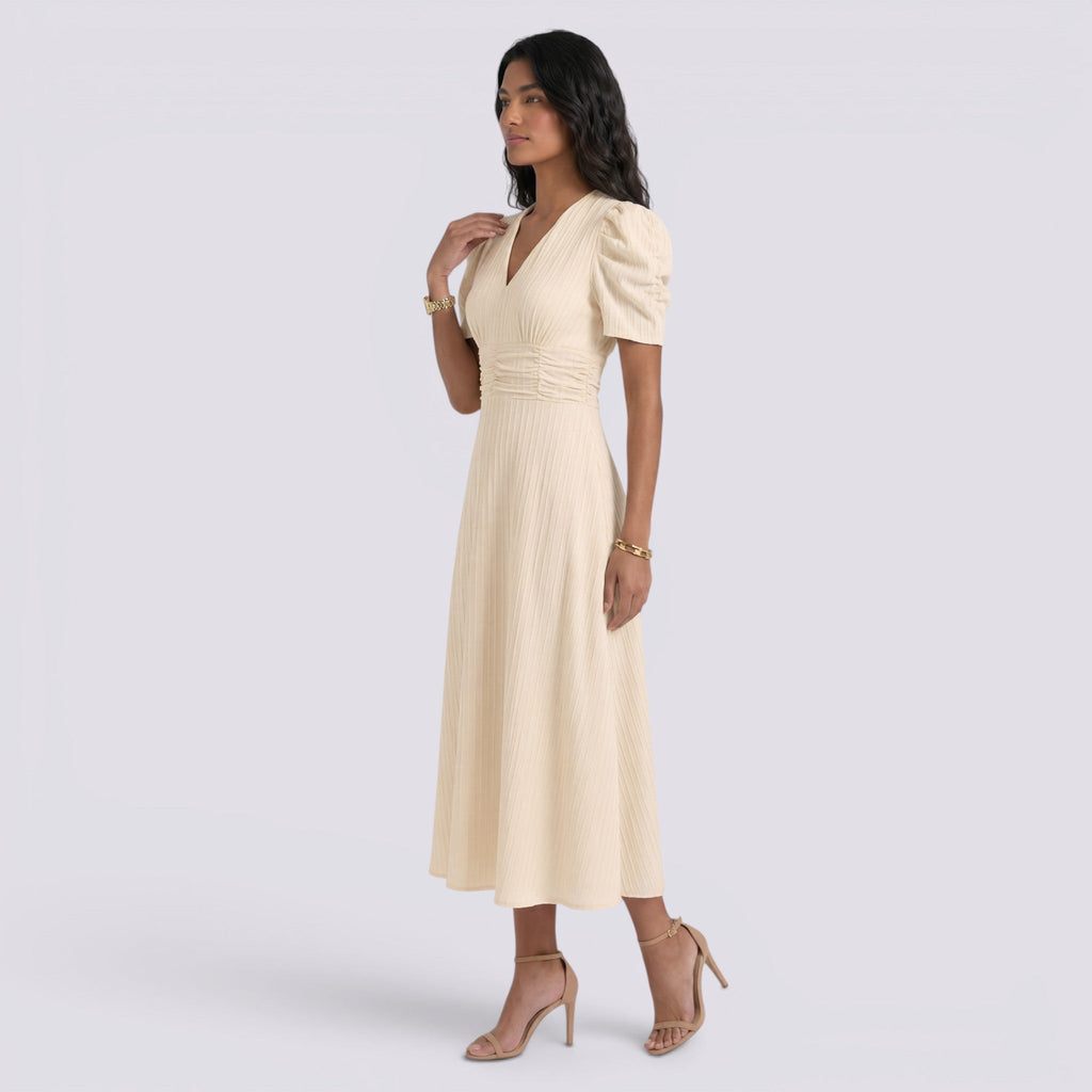 Vestido Midi Elegante Mujer Escote en V con Falda Fruncida | Cintura Alta