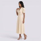 Vestido Midi Elegante Mujer Escote en V con Falda Fruncida | Cintura Alta