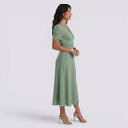 Vestido Midi Elegante Mujer Escote en V con Falda Fruncida | Cintura Alta