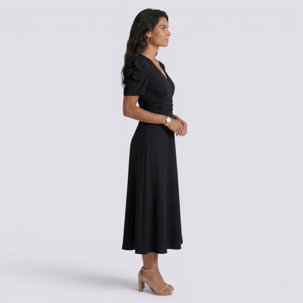 Vestido Midi Elegante Mujer Escote en V con Falda Fruncida | Cintura Alta