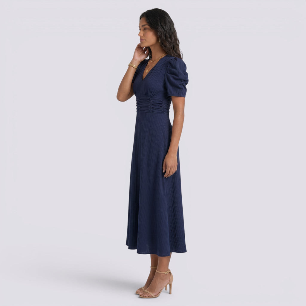 Vestido Midi Elegante Mujer Escote en V con Falda Fruncida | Cintura Alta