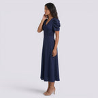 Vestido Midi Elegante Mujer Escote en V con Falda Fruncida | Cintura Alta