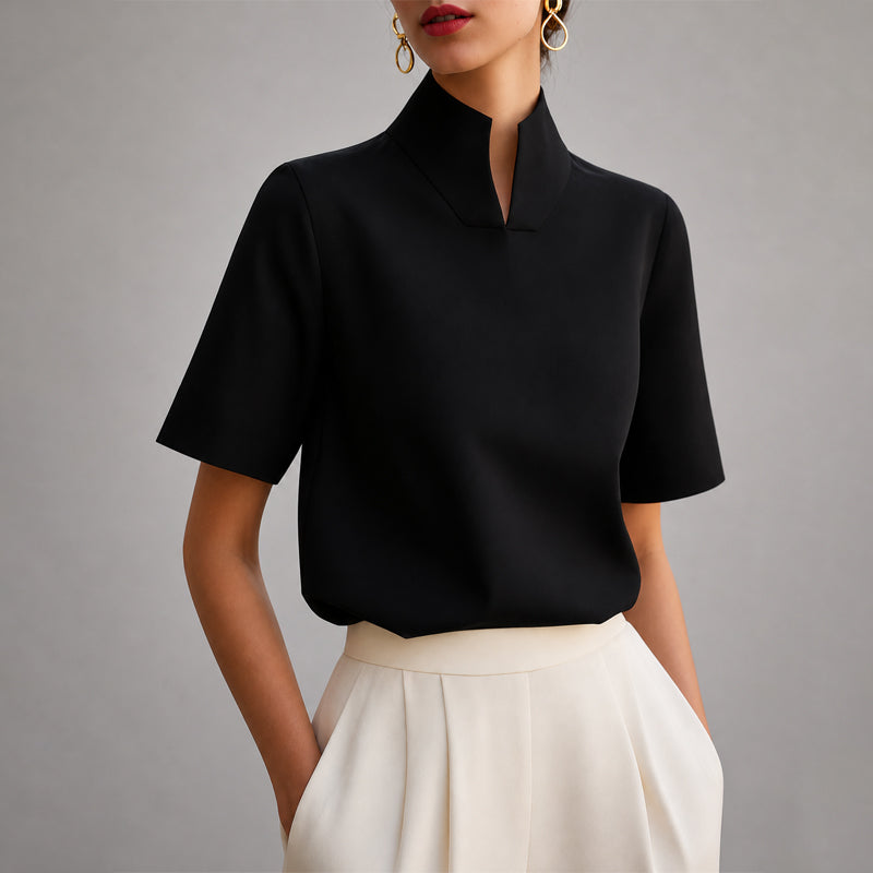 Blusa de Manga Corta con Cuello Mao y Abertura en V Mujer | Valerie