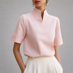 Blusa de Manga Corta con Cuello Mao y Abertura en V Mujer | Valerie