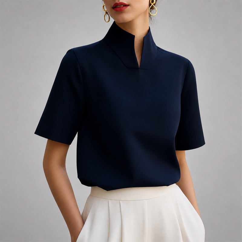 Blusa de Manga Corta con Cuello Mao y Abertura en V Mujer | Valerie