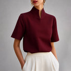 Blusa de Manga Corta con Cuello Mao y Abertura en V Mujer | Valerie