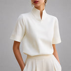 Blusa de Manga Corta con Cuello Mao y Abertura en V Mujer | Valerie