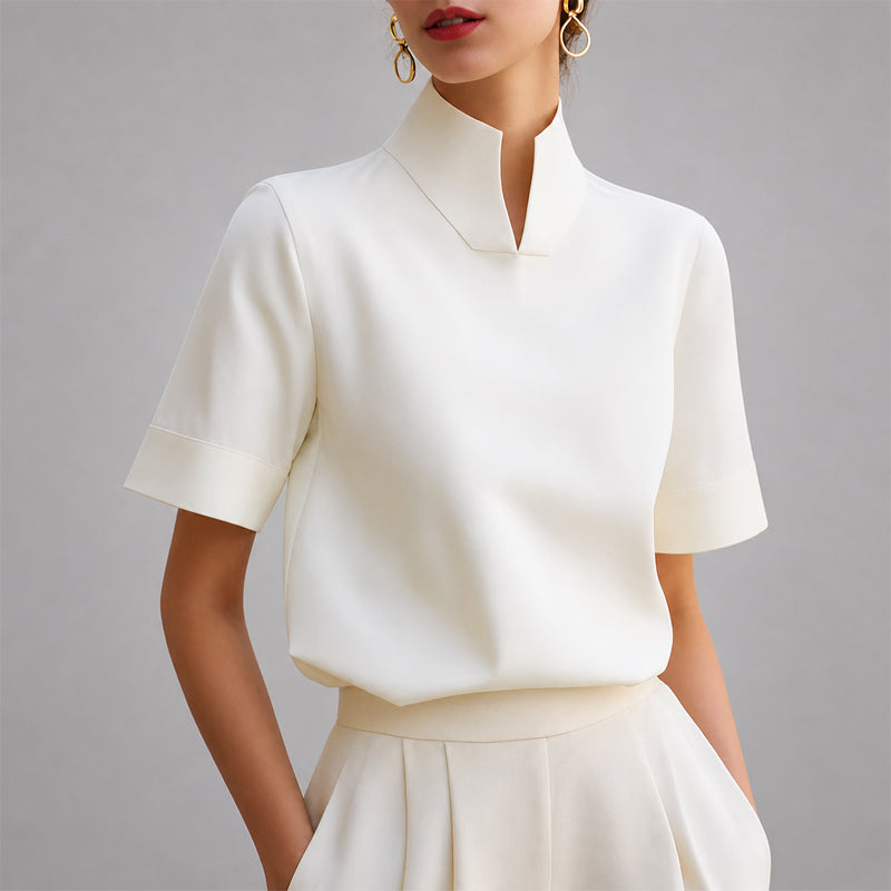 Blusa de Manga Corta con Cuello Mao y Abertura en V Mujer | Valerie