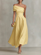 Vestido de Invitada de Boda Largo Amarillo Elegante con Asimétrico
