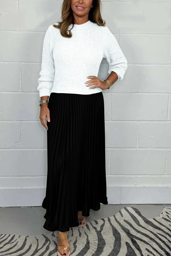 Vestido maxi con jersey y falda plisada | Clau