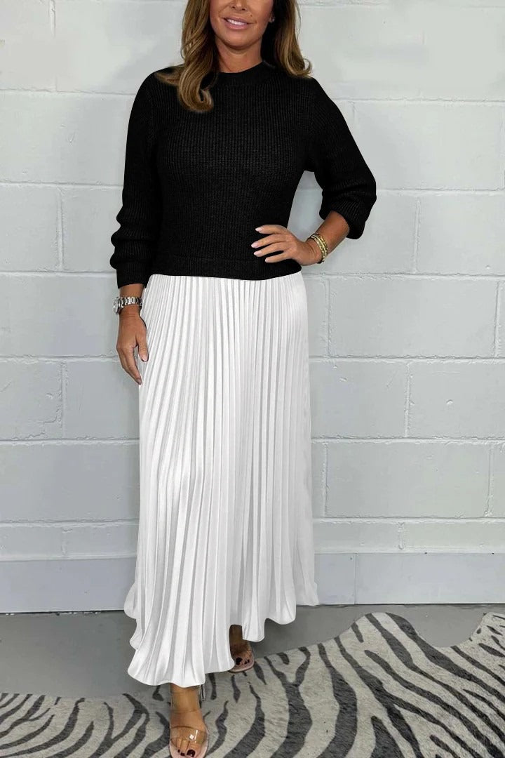 Vestido maxi con jersey y falda plisada | Clau