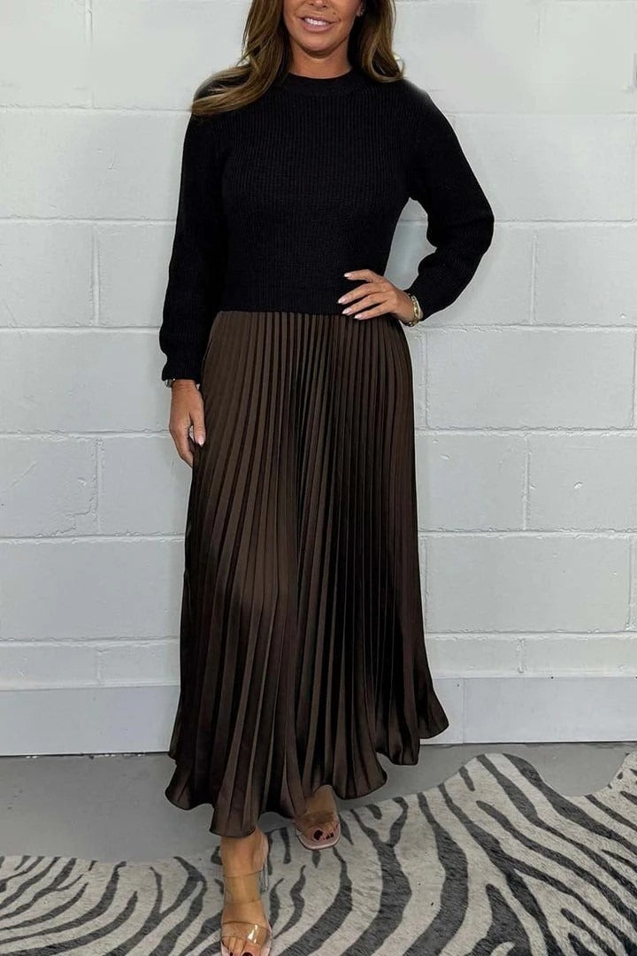 Vestido maxi con jersey y falda plisada | Clau