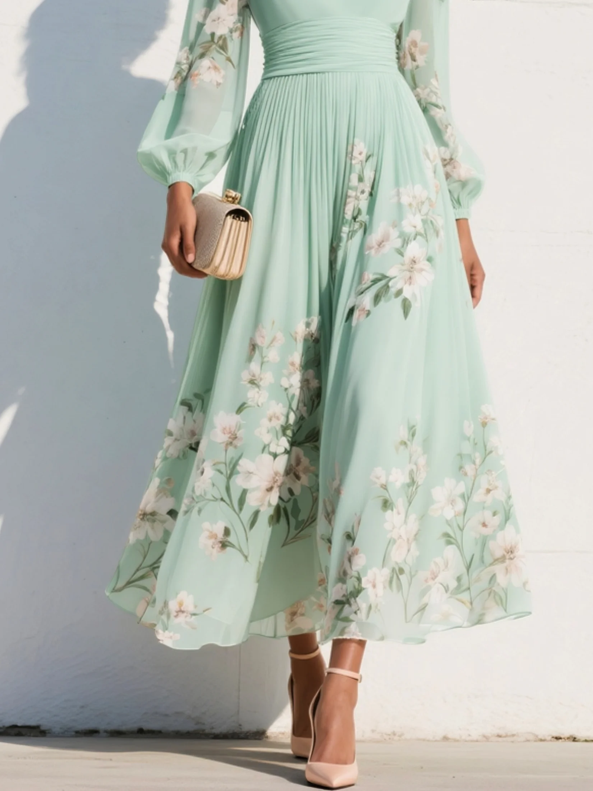Vestido Midi Floral con Escote en V para Mujer