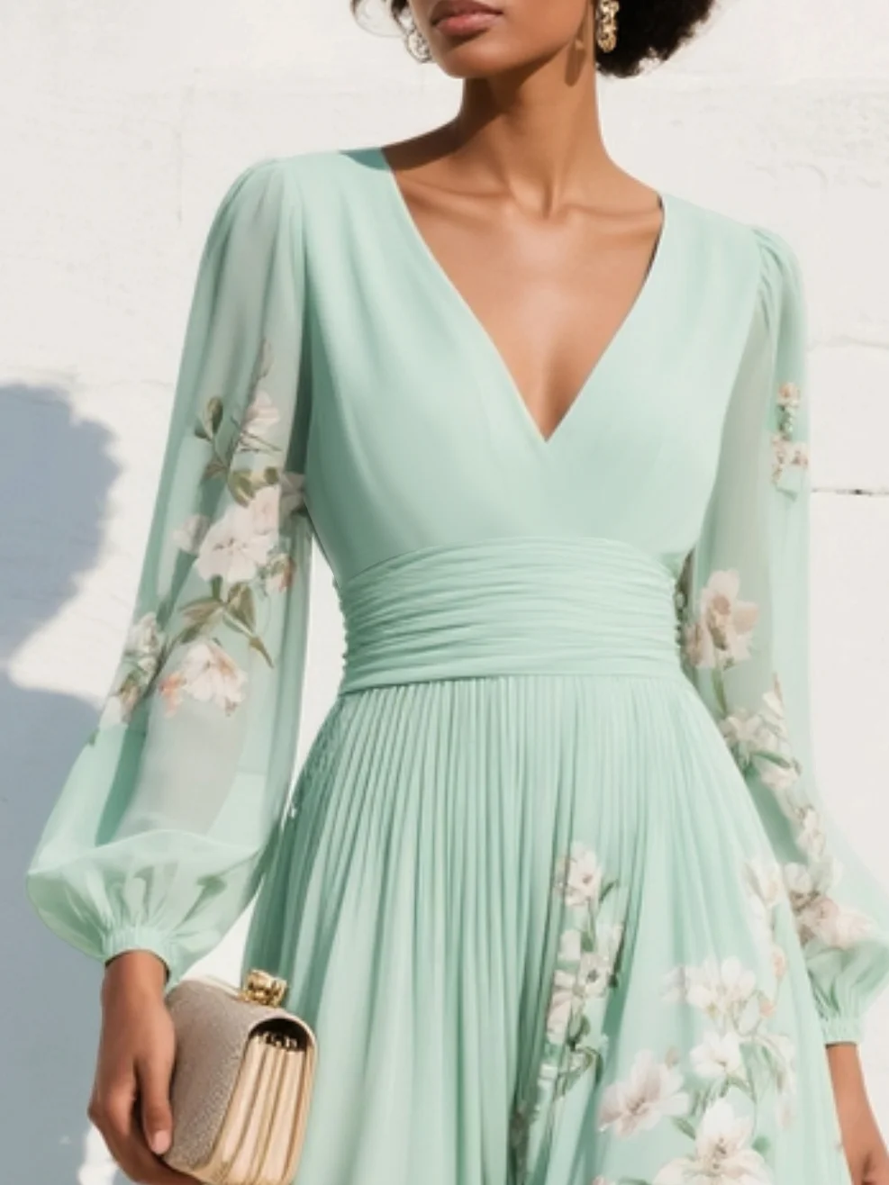 Vestido Midi Floral con Escote en V para Mujer