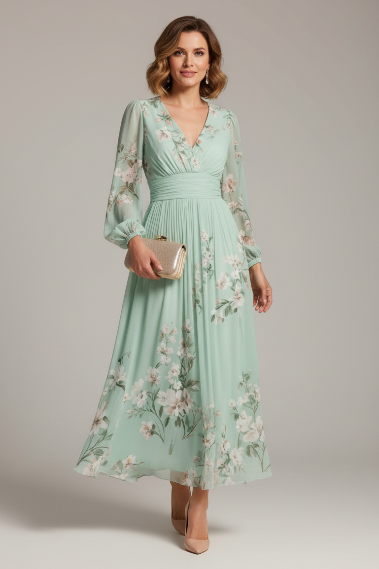 Vestido Midi Floral con Escote en V para Mujer