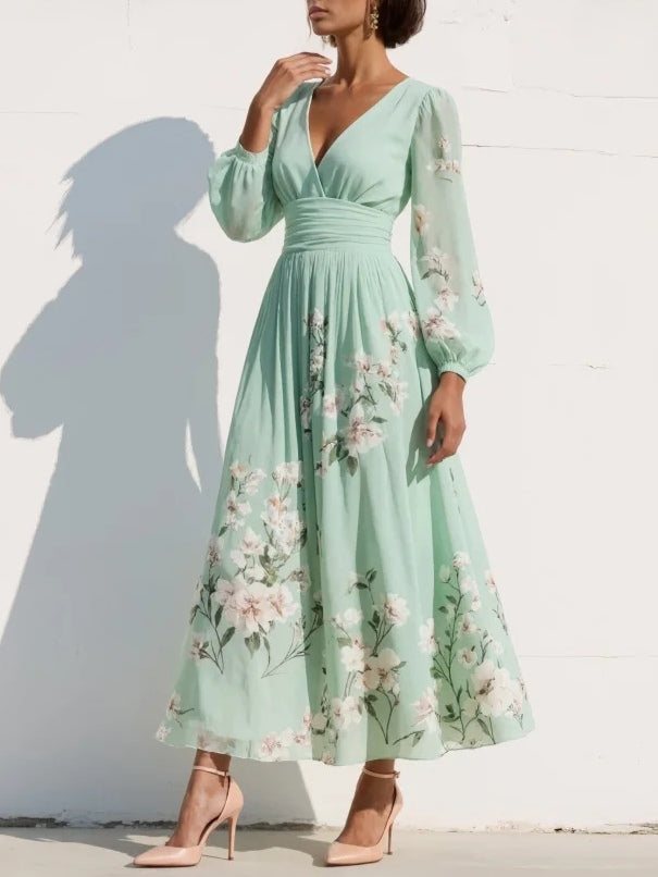 Vestido Midi Floral con Escote en V para Mujer