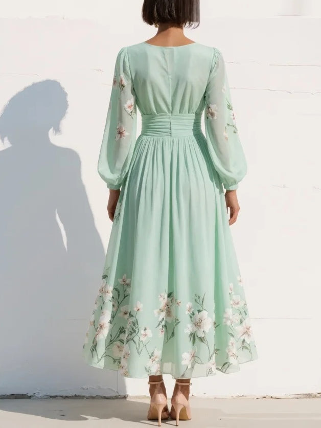 Vestido Midi Floral con Escote en V para Mujer